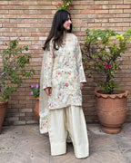 A woman standing against a brick wall with potted plants to her sides, wearing a traditional Pakistani Gulzar with floral embroidery and organza fabric.